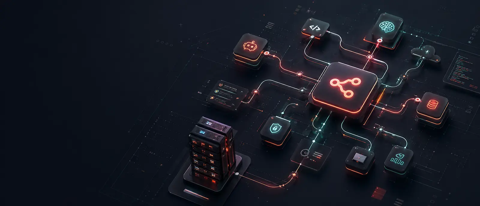 Diagramma futuristico di flussi automatizzati, AI e integrazioni aziendali n8n